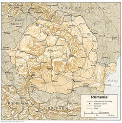 Polityczna mapa Rumunii z reliefem, drogami i miastami.