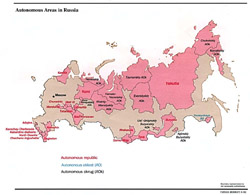 Szczegółowa mapa autonomicznych obszarów Rosji.