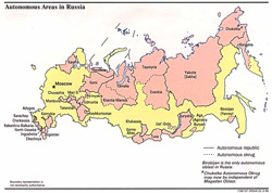 Mapa autonomicznych obszarów w Rosji.
