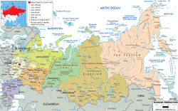 Mapa polityczna i administracyjna Rosji z zaznaczeniem wszystkich dróg, miast i lotnisk.