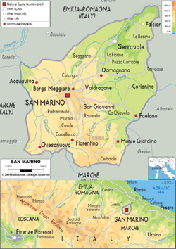 Detailed physical map of San Marino with all roads and cities.