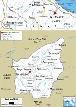 Szczegółowa mapa drogowa San Marino z zaznaczeniem wszystkich miast.