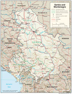 Szczegółowa mapa polityczna i administracyjna Serbii i Czarnogóry z reliefem, drogami i miastami.