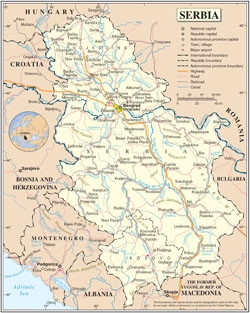 Duża mapa polityczna i administracyjna Serbii ze wszystkimi miastami, drogami i lotniskami.