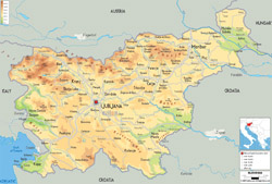 Szczegółowa mapa fizyczna Słowenii z zaznaczeniem wszystkich dróg, miast i lotnisk.