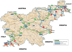 Duża mapa korytarzy międzynarodowych, autostrad i dróg lokalnych Słowenii.