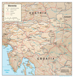 Duża mapa polityczna Słowenii z reliefem, drogami i miastami.