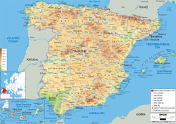 Szczegółowa mapa fizyczna Hiszpanii z wszystkimi drogami, miastami i lotniskami.