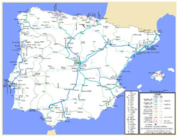 Szczegółowa mapa kolei Hiszpanii i Portugalii.