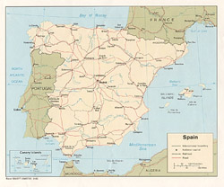 Mapa polityczna Hiszpanii z drogami i miastami.