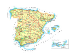 Mapa drogowa Hiszpanii z miastami i lotniskami.