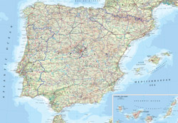 Mapa drogowa Hiszpanii z miastami.