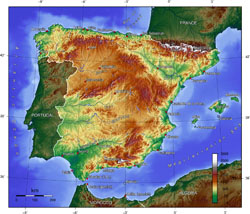 Mapa topograficzna Hiszpanii.