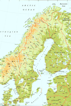 Szczegółowa mapa wysokości Szwecji.