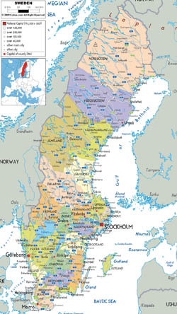 Szczegółowa mapa polityczna i administracyjna Szwecji ze wszystkimi drogami, miastami oraz lotniskami.