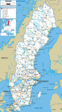 Szczegółowa mapa samochodowa Szwecji ze wszystkimi miastami i lotniskami.