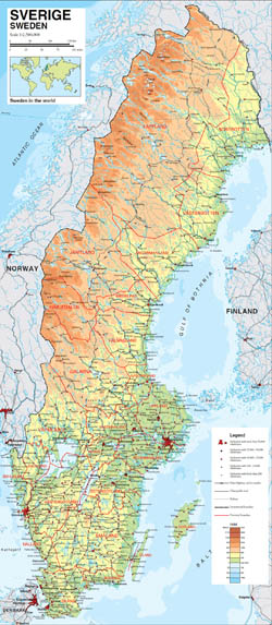 Duża mapa fizyczna Szwecji ze wszystkimi drogami i miastami.
