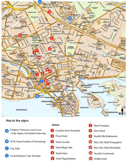 Mapa centrum Sztokholmu z hotelami.