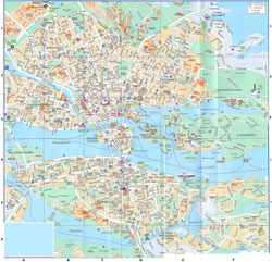 Duża szczegółowa mapa drogowa centrum Sztokholmu z budynkami.