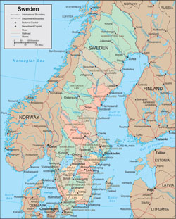 Mapa polityczna i administracyjna Szwecji.