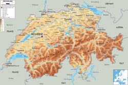 Szczegółowa mapa fizyczna Szwajcarii ze wszystkimi drogami, miastami i lotniskami.
