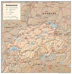 Szczegółowa mapa polityczna Szwajcarii z reliefem, drogami i miastami.