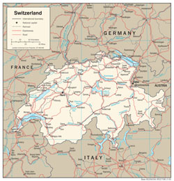 Szczegółowa mapa polityczna Szwajcarii z drogami i miastami.