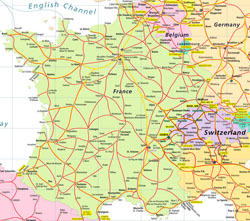 Mapa autostrad Francji i Szwajcarii.