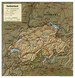 Mapa polityczna Szwajcarii z reliefem, drogami i miastami.
