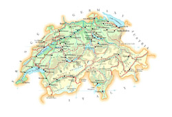 Mapa drogowa Szwajcarii z miastami i lotniskami.
