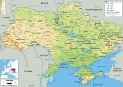 Szczegółowa mapa fizyczna Ukrainy z wszystkimi miastami, drogami i lotniskami.