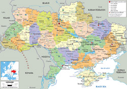 Szczegółowa mapa polityczna i administracyjna Ukrainy ze wszystkimi miastami, drogami i lotniskami.