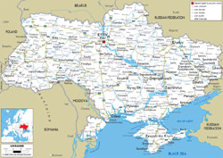 Szczegółowa mapa drogowa Ukrainy z wszystkimi miastami i lotniskami.