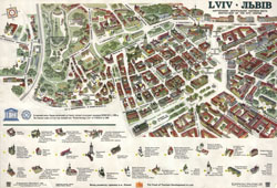 Szczegółowa mapa panoramiczna i turystyczna centrum Lwowa w języku ukraińskim i angielskim.