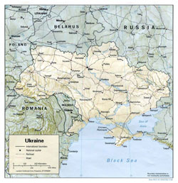 Mapa polityczna Ukrainy z zaznaczeniem reliefu, dróg i miast.