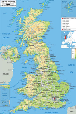 Szczegółowa mapa fizyczna Zjednoczonego Królestwa z zaznzczeniem wszystkich dróg, miast i lotnisk.