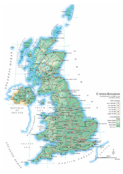 Szczegółowa mapa fizyczna Zjednoczonego Królestwa z zaznzczeniem dróg, miast i lotnisk.