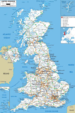 Szczegółowa mapa samochodowa Zjednoczonego Królestwa z zaznzczeniem wszystkich miast i lotnisk.