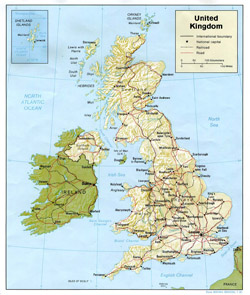 Mapa polityczna Wielkiej Brytanii z zaznzczeniem reliefu, dróg i miast.