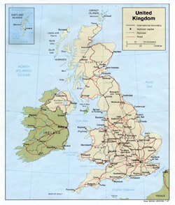 Mapa polityczna Wielkiej Brytanii z drogami i miastami.