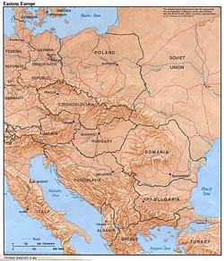 Szczegółowa mapa polityczna Europy Wschodniej z reliefem - 1984.