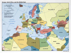 Duża mapa polityczna Europy, Afryki Północnej i Bliskiego Wschodu 1998 roku.