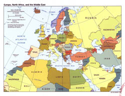Duża mapa polityczna Europy, Afryki Północnej i Bliskiego Wschodu - 2000.