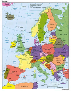Polityczna mapa Europy ze stolicami.