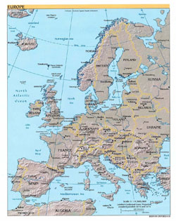 Polityczna mapa Europy z reliefem i stolicami.